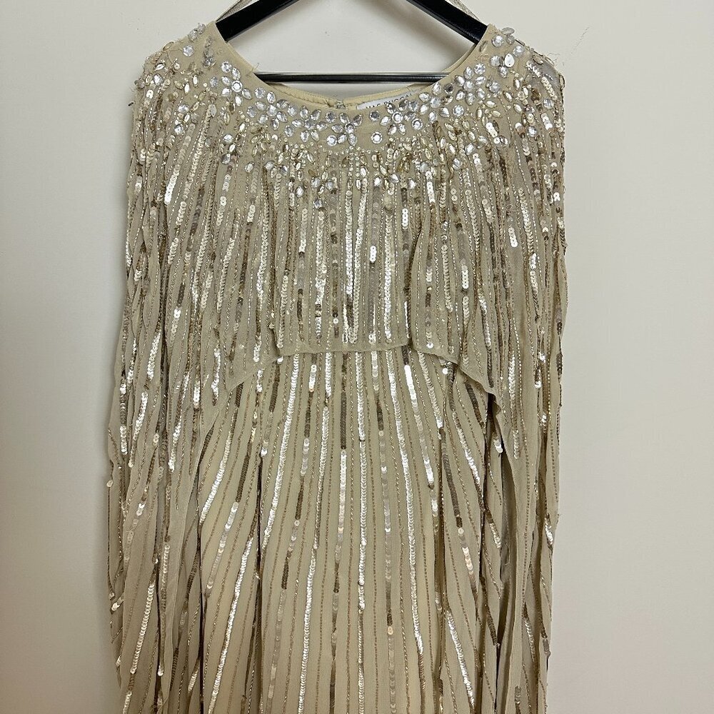 MAC DUGGAL Embellished Beaded Column Cape Gown in Champagne Size US 16 - Picture 5 of 14